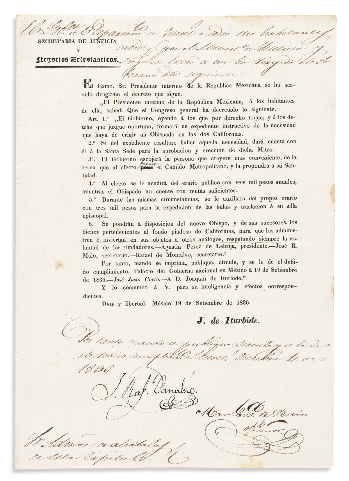 (CALIFORNIA.) Joaquin de Iturbide. Petition by the Mexican congress for the foundation of a Californian bishopric.